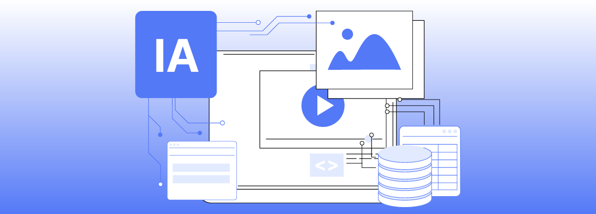 Ilustración abstracta sobre low code e inteligencia artificial, con íconos de datos, video e interfaces.