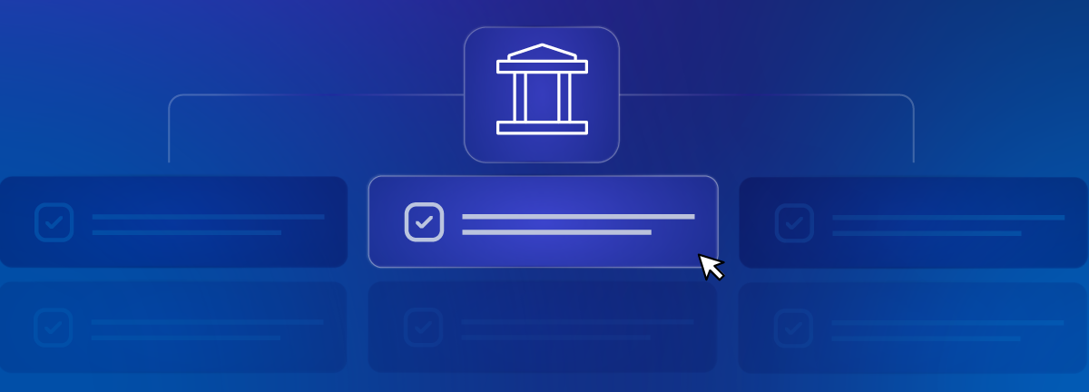 Ilustración digital de un banco conectado a múltiples procesos con íconos de verificación, simbolizando control y cumplimiento en sistemas Low Code.