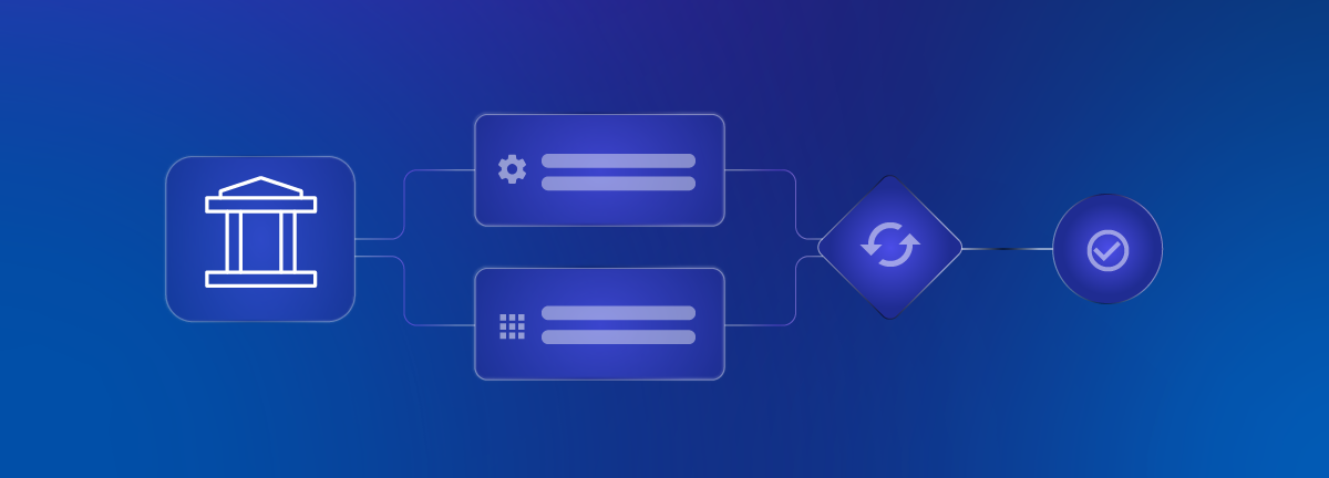 Ilustración digital de un banco conectado a procesos automatizados, engranajes y verificación, representando integración de sistemas CORE con Low Code e IA.